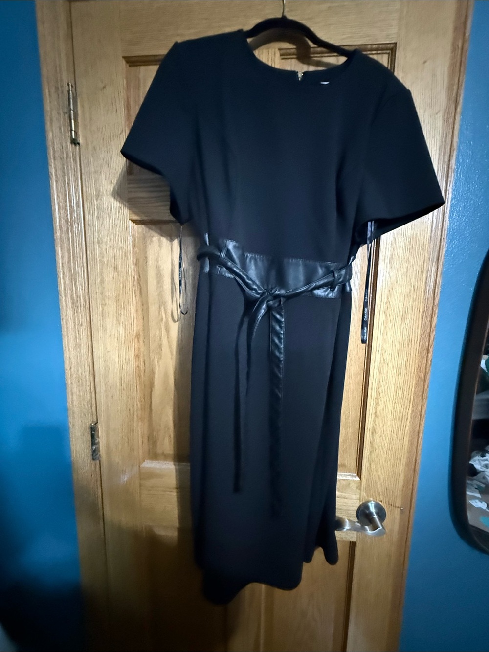 Calvin Klein Black Midi Dress with Faux-Leather Waist Tie